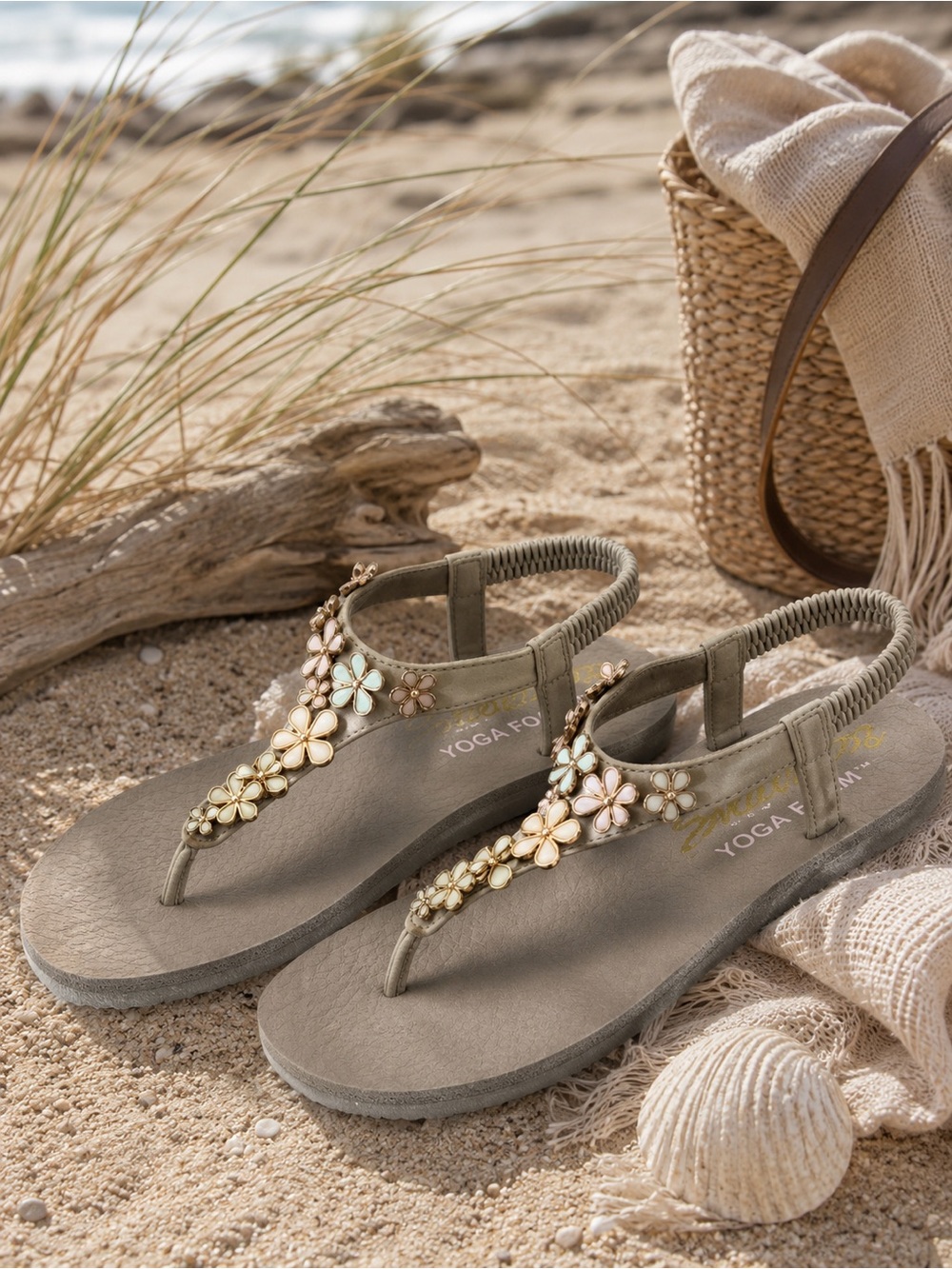 Skechers Meditation Embellished Thong Sandals Glass Daisy Taupe 8